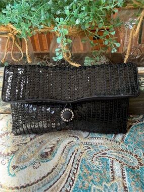Norell Black Sequin Evening Clutch Rhinestone Closure Vintage Formal Purse